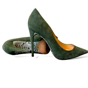 Alexandre Birman Luxury Python Effect Snakeskin Stiletto Suede Pumps EUC Moss 6
